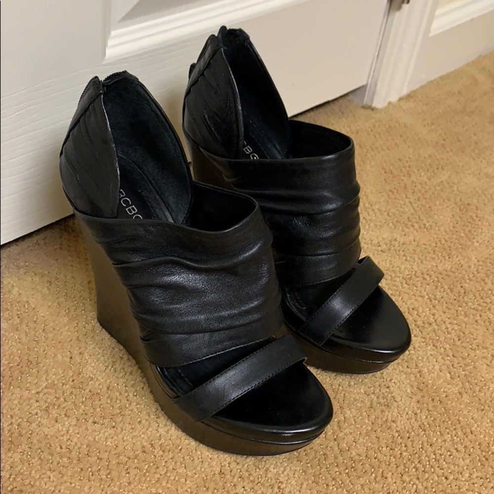 BCBG Black Leather Wedges